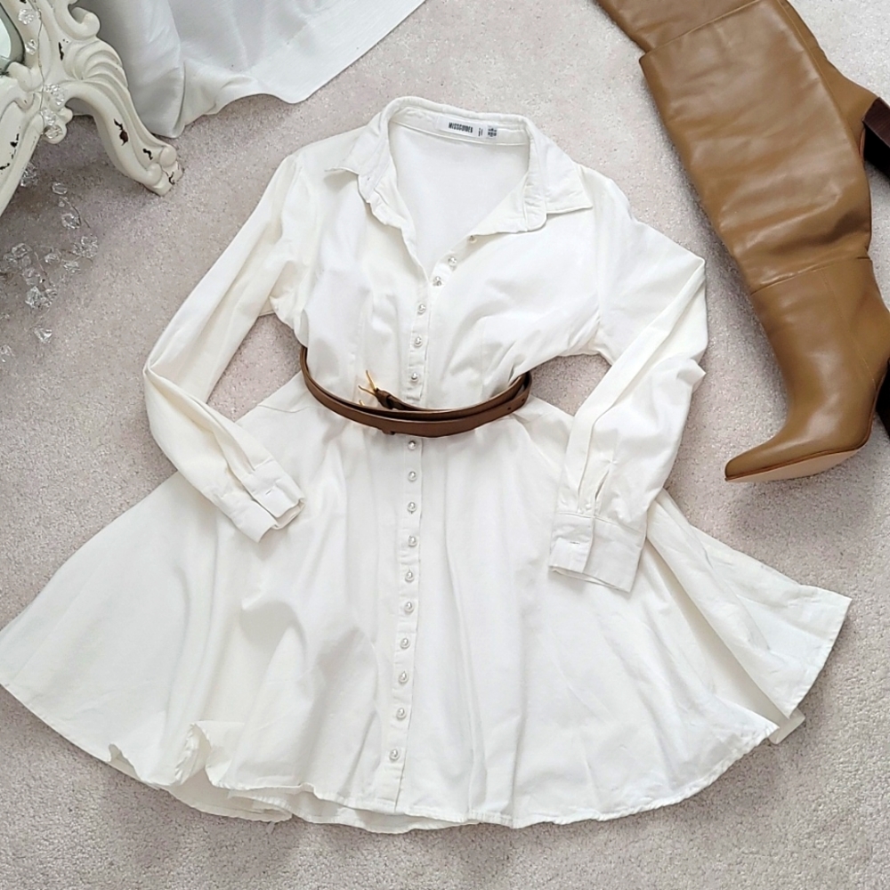 Missguided white light dennim long sleeve dress pearl buttons US 4